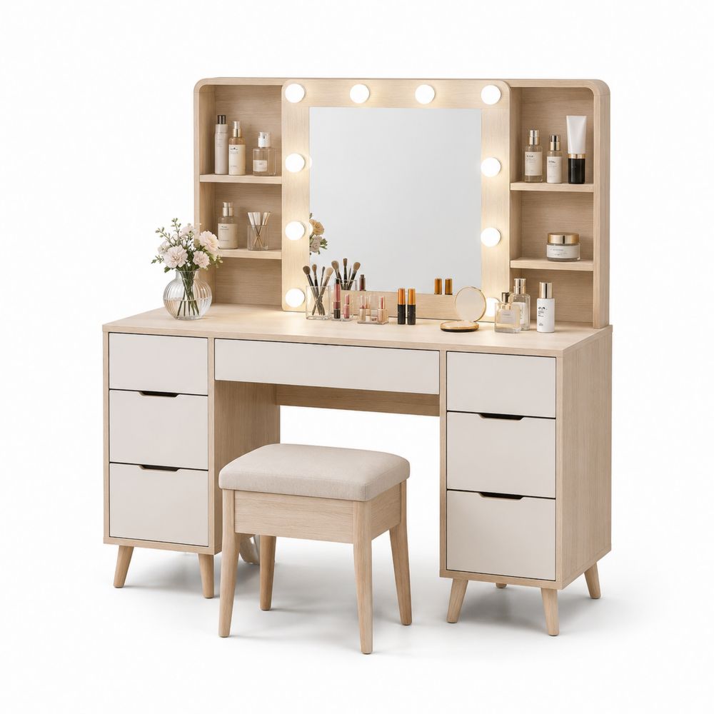 Toeletta in Legno Chiaro con Specchio LED e Sgabello