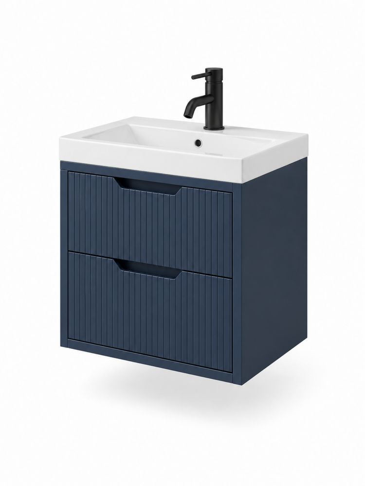 Mobile lavabo blu con lavabo in ceramica e rubinetto nero