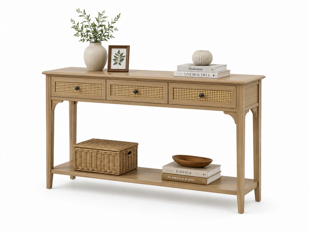 Consolle in Legno di Pino con Cassetti in Rattan