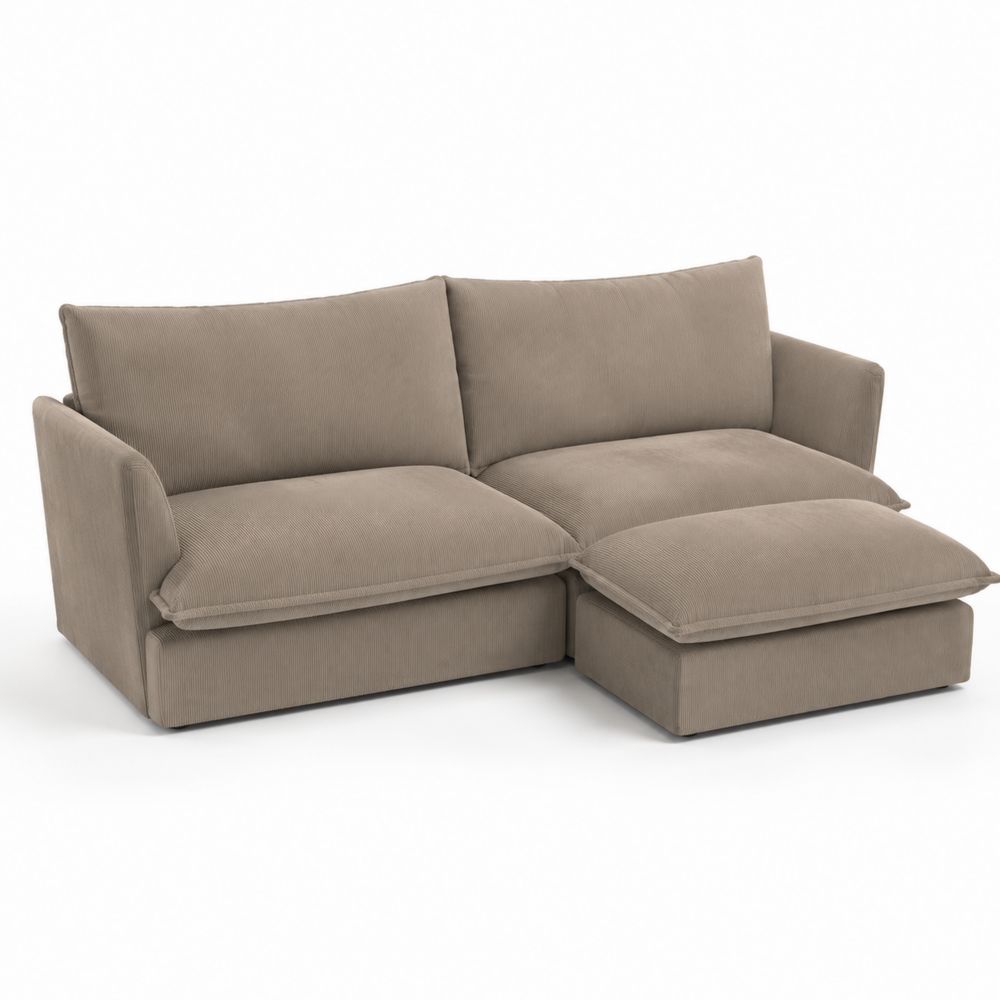 Sofa narożna dwuosobowa z podnóżkiem sztruks beżowy