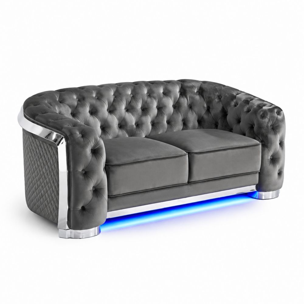 Sofa Chesterfield welurowa szara z LED
