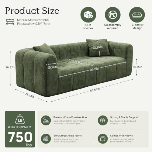 88.5" Boneless 3 Seater Sofa,Cloud Couches for Living Room