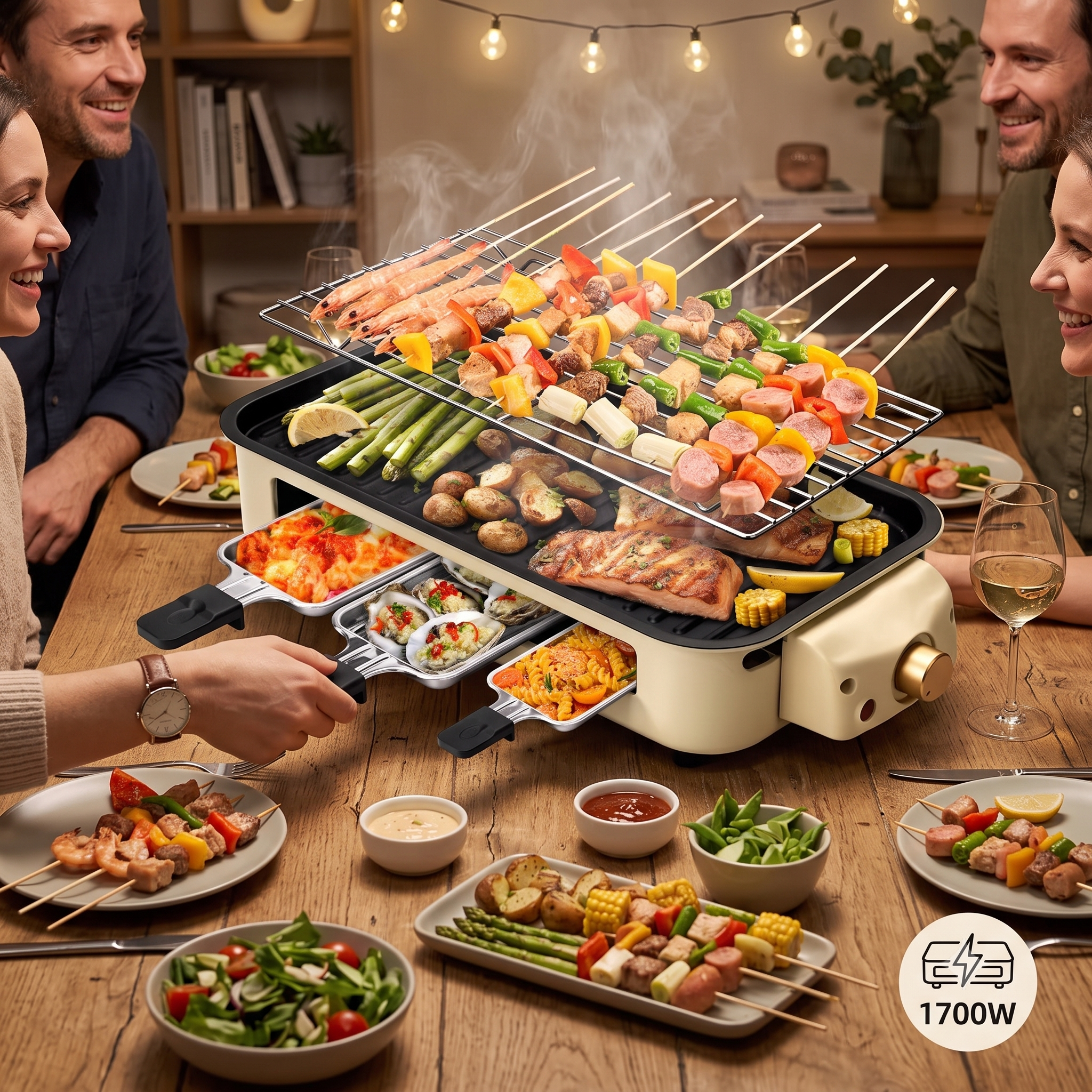 2-in-1 Smokeless Indoor Electric Raclette Grill with 3 Mini Trays & Adjustable Temperature (1700W)