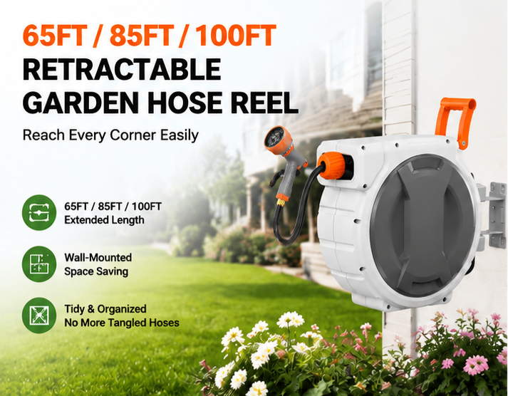 Heavy-Duty Wall-Mounted Retractable Garden Hose Reel, Slow Auto-Rewind & 3-Layer PVC Hose