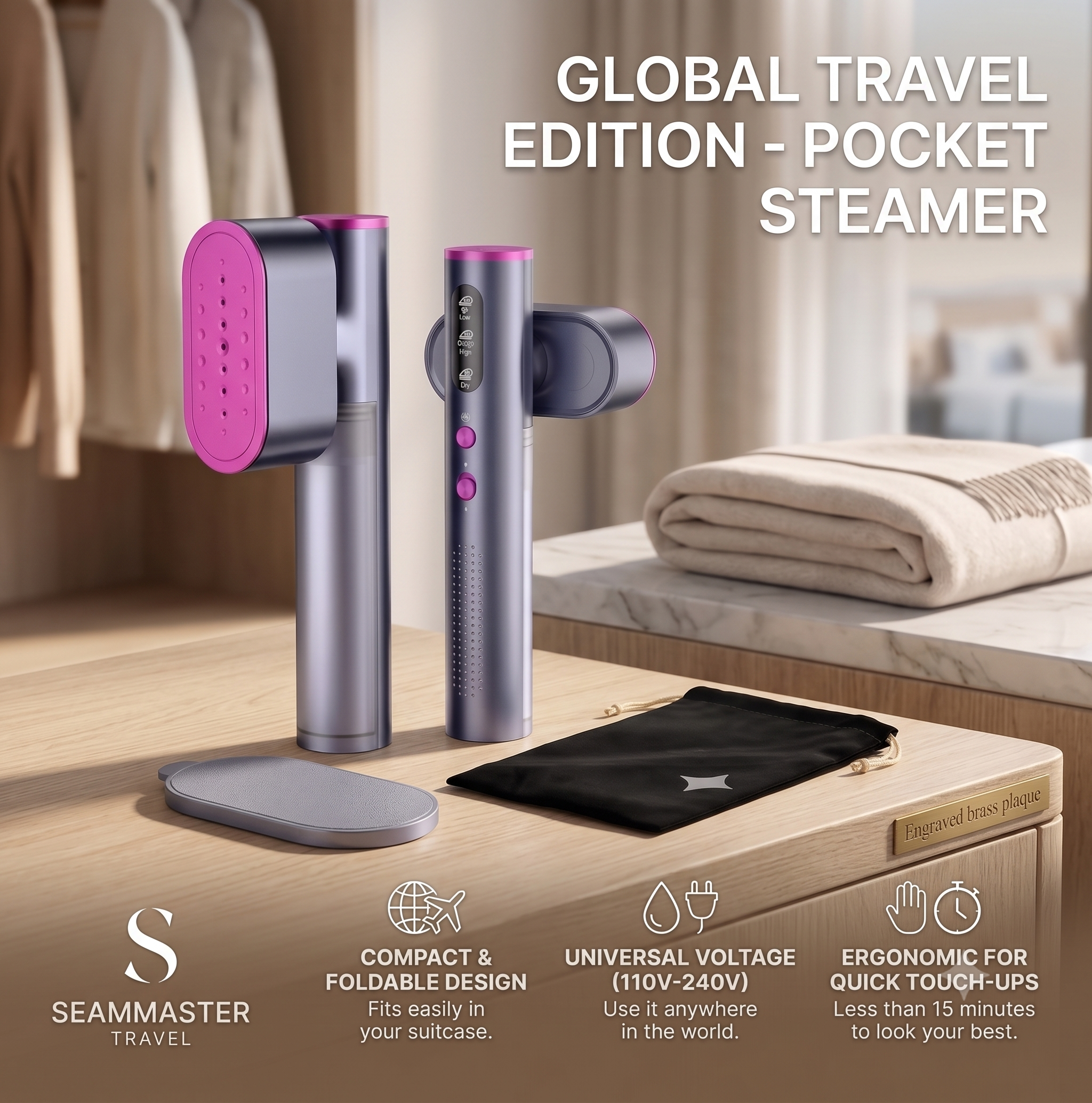 Dual Voltage Foldable Travel Steamer & Dry Iron (1000W / 15s Heat-Up)