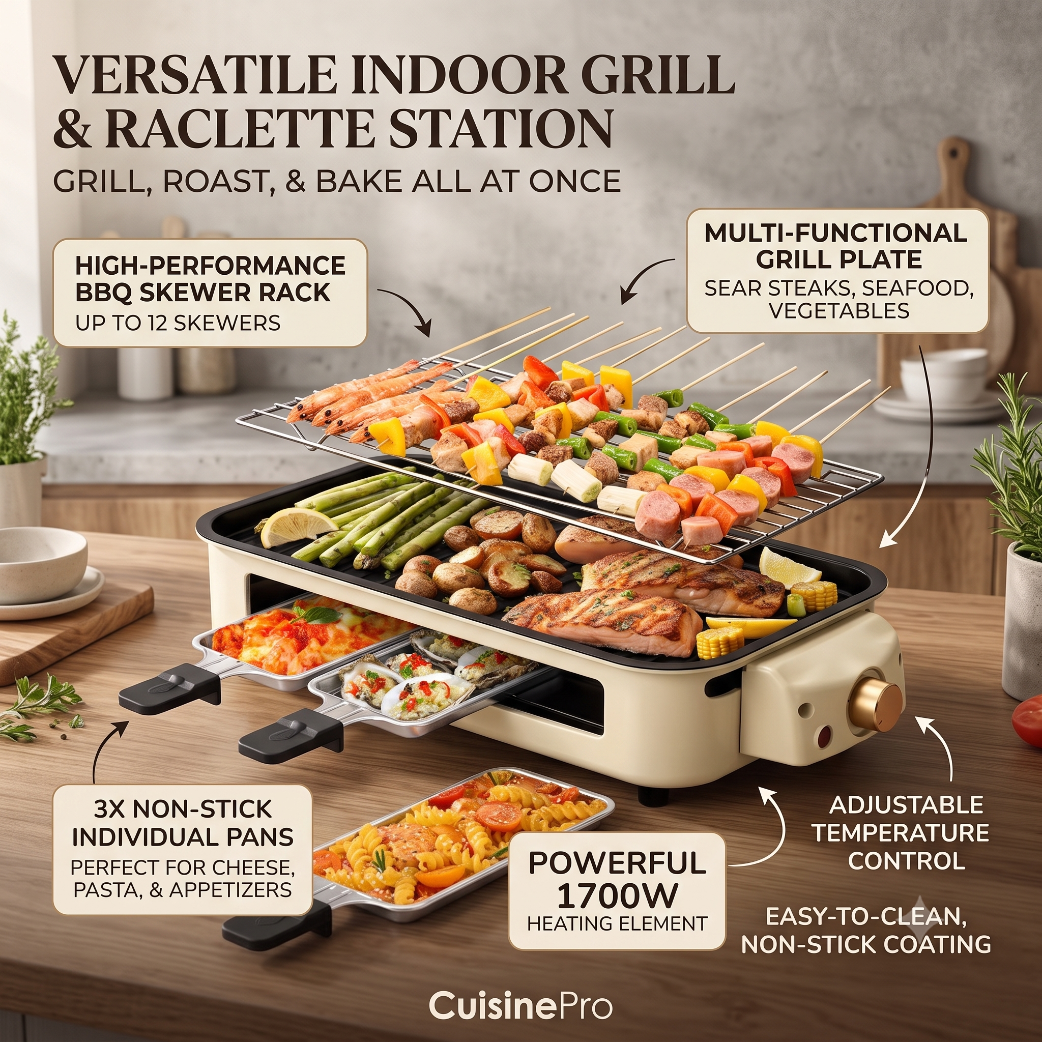 2-in-1 Smokeless Indoor Electric Raclette Grill with 3 Mini Trays & Adjustable Temperature (1700W)