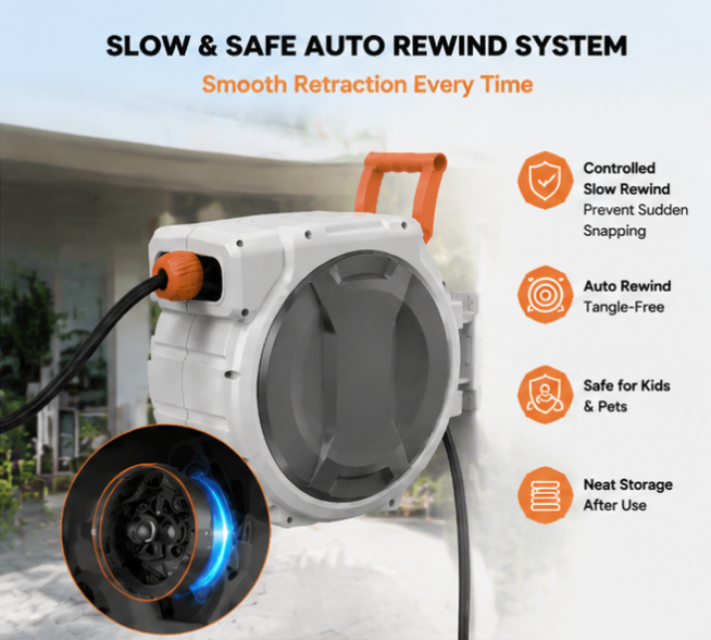 Heavy-Duty Wall-Mounted Retractable Garden Hose Reel, Slow Auto-Rewind & 3-Layer PVC Hose