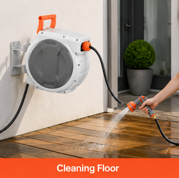 Heavy-Duty Wall-Mounted Retractable Garden Hose Reel, Slow Auto-Rewind & 3-Layer PVC Hose