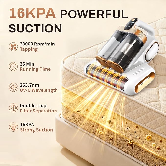 Cordless Handheld Mattress Vacuum Cleaner with UV Light, 16KPa Suction & HEPA Filtration