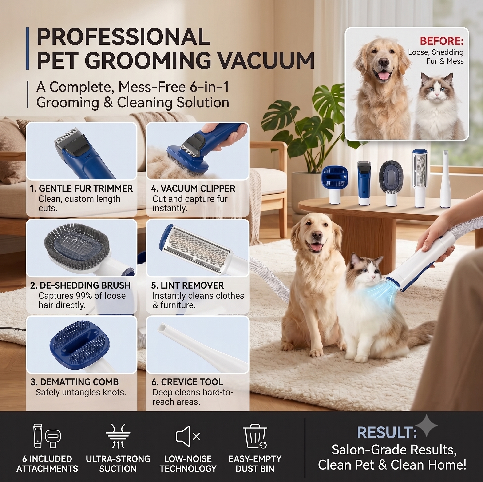 5-in-1 Pet Grooming Vacuum & Trimmer Kit with 6 Combs (99% Hair Suction)