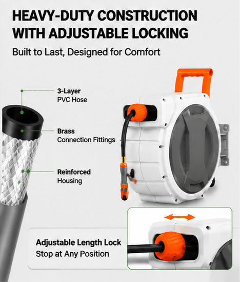 Heavy-Duty Wall-Mounted Retractable Garden Hose Reel, Slow Auto-Rewind & 3-Layer PVC Hose