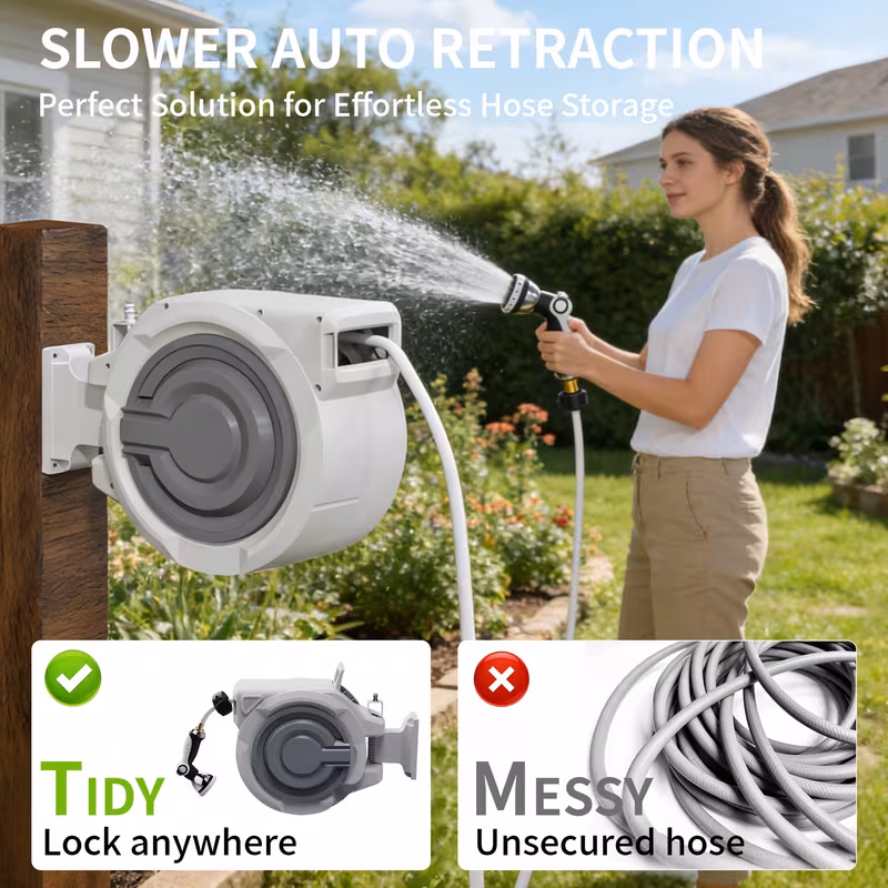 Heavy-Duty Wall-Mounted Retractable Garden Hose Reel, Slow Auto-Rewind & 3-Layer PVC Hose