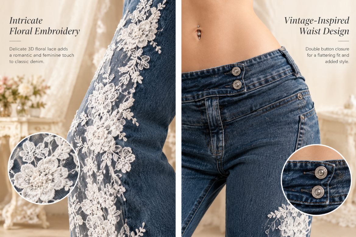 Customizing pre-loved vintage denim by hand with lace 🤍