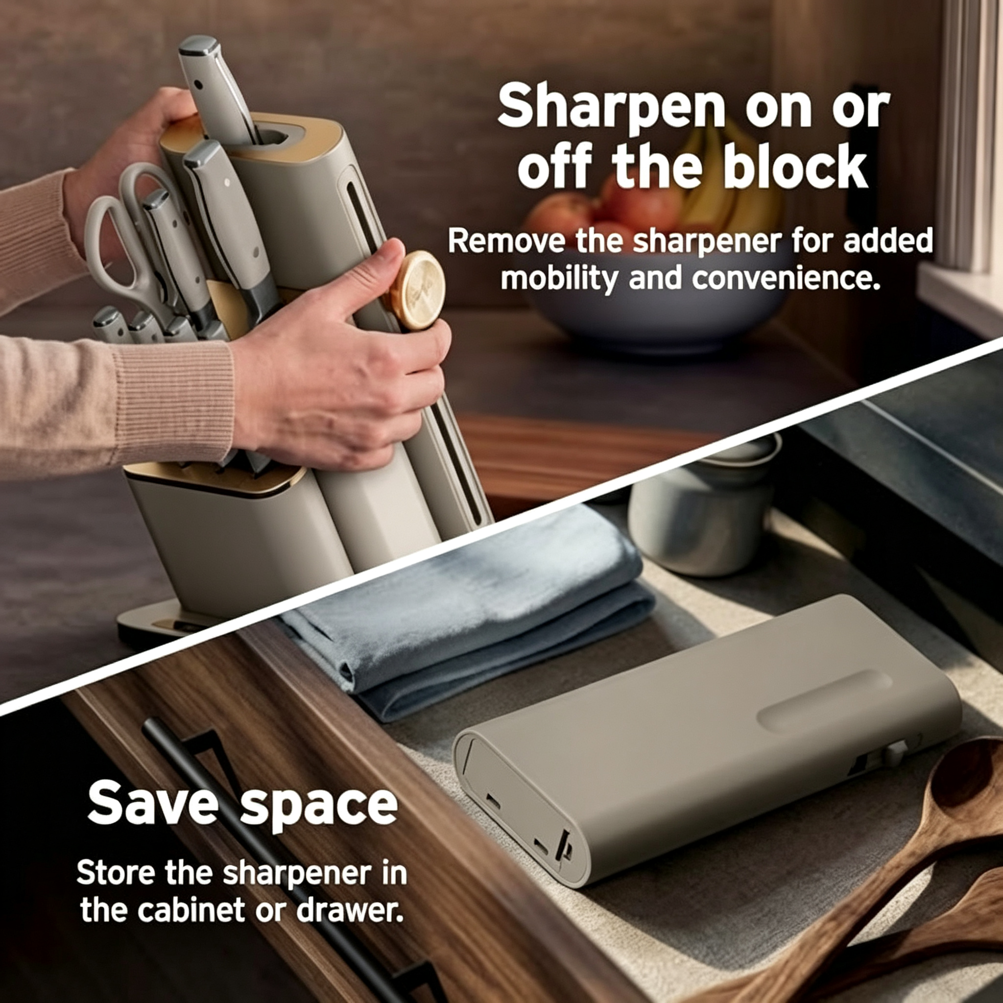 Premium kitchen knife set with built-in sharpener block and German stainless steel blades for slicing dicing and daily cooking prep