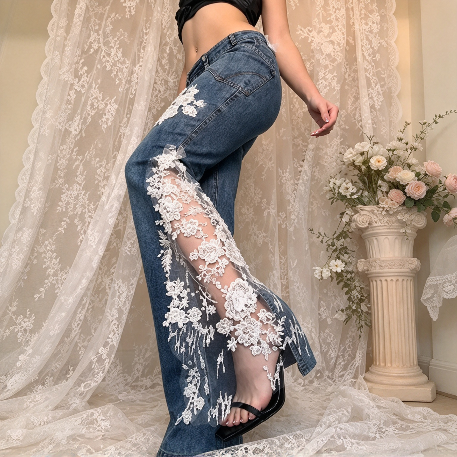 Customizing pre-loved vintage denim by hand with lace 🤍