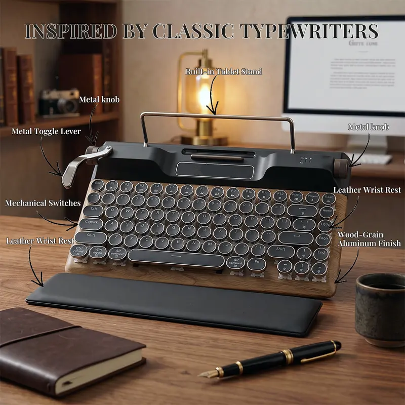 Classic typewriter style inspired by vintage typewriters metal knobs toggle lever wood-grain finish desk decor