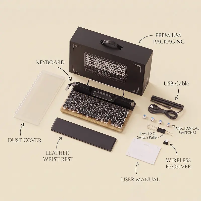 Retro Typewriter Keyboard , Vintage Mechanical Bluetooth 5.0