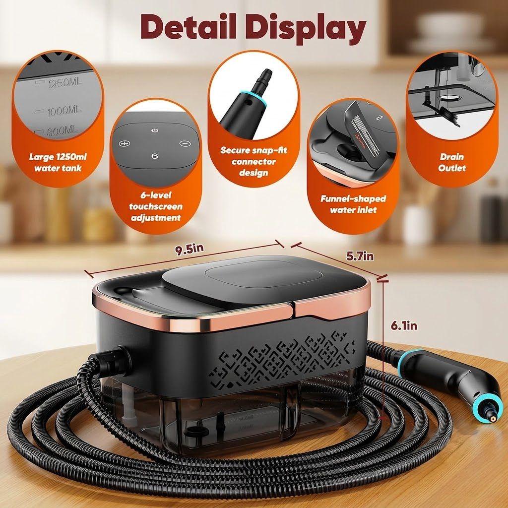 2500W High-Pressure Handheld Steam Cleaner with 1250ml Water Tank & 10-Piece Accessory Kit, 6 Steam Settings for Kitchen, Bathroom, Car, Furniture & Windows
