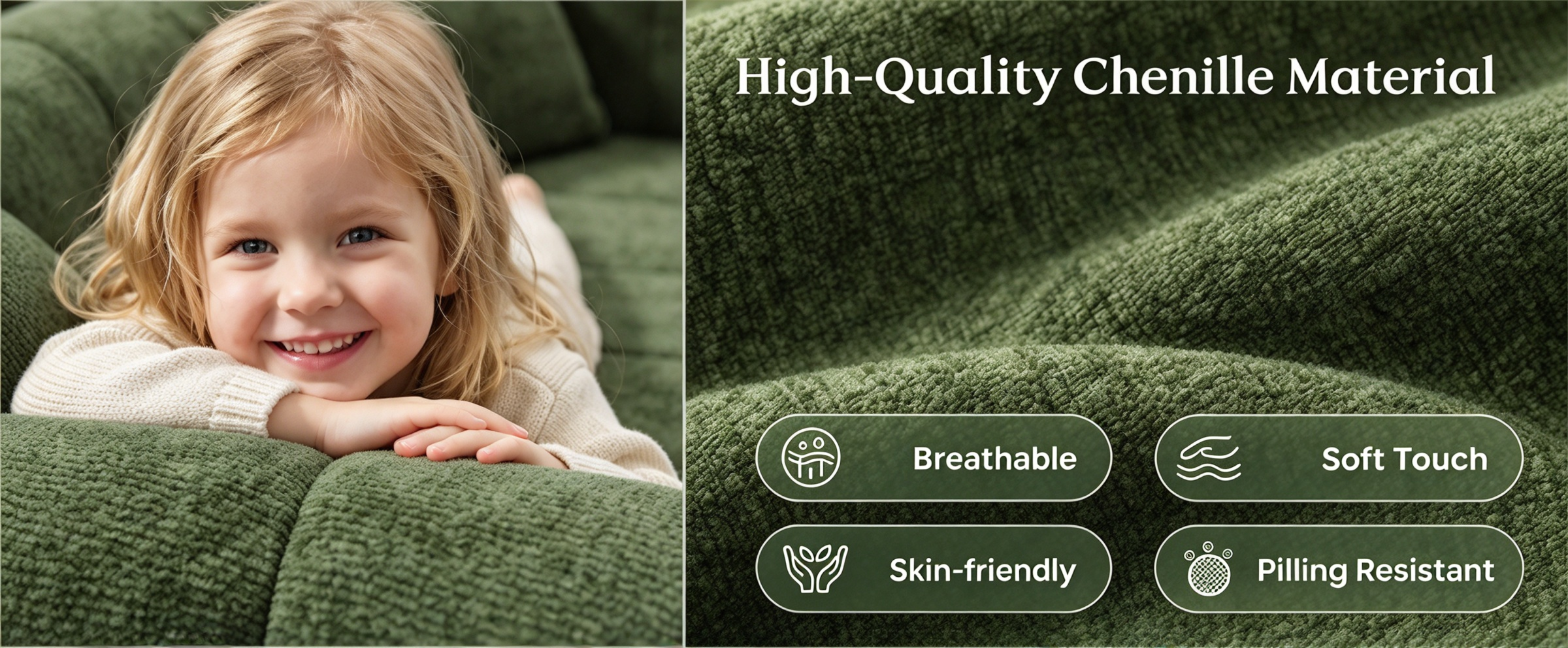 Premium chenille fabric on cozy family sofa skin-friendly breathable soft to touch pilling resistant safe for kids and pets for long daily use