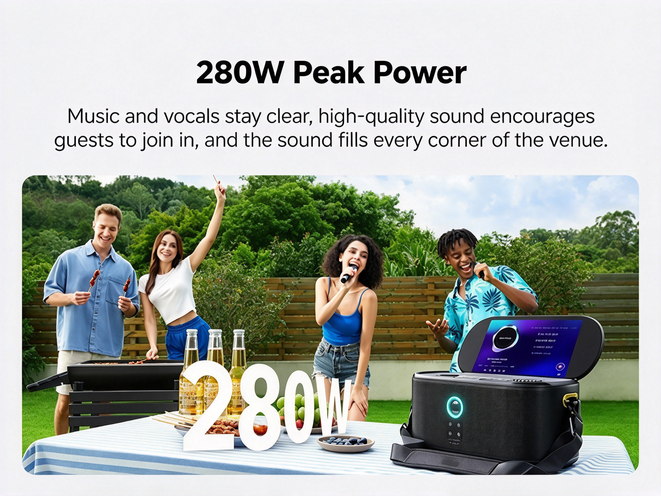 280W peak power fills wide space with balanced sound indoor gatherings outdoor backyard parties
