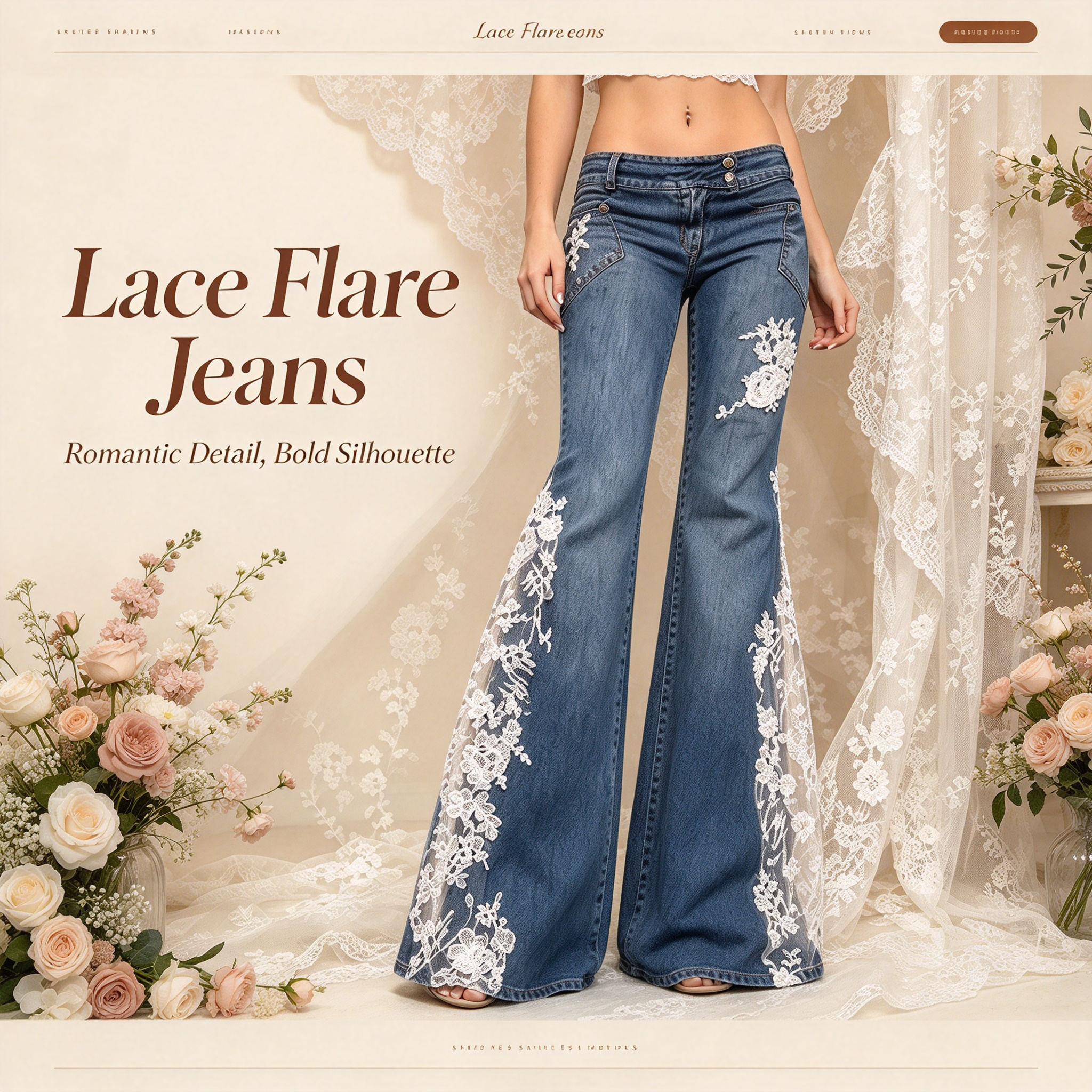 Lace flare jeans with romantic lace embroidery on classic denim flattering leg silhouette ideal for party and daily casual outfits