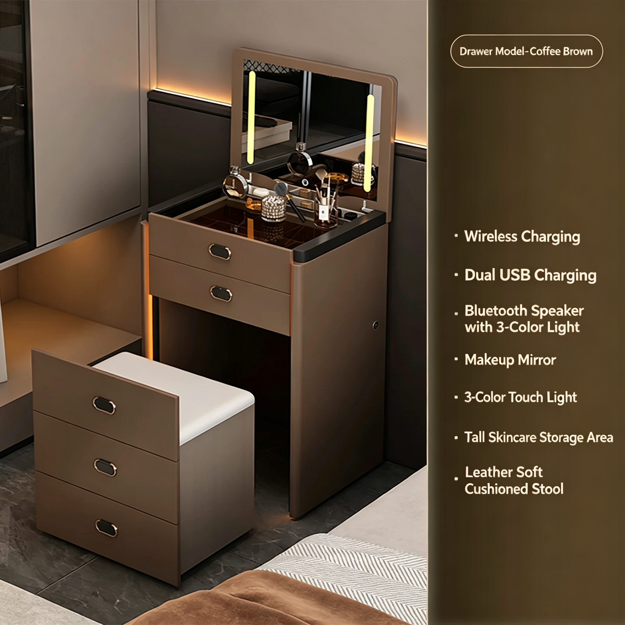 Smart Nightstand with LED Lighting and Safe Box