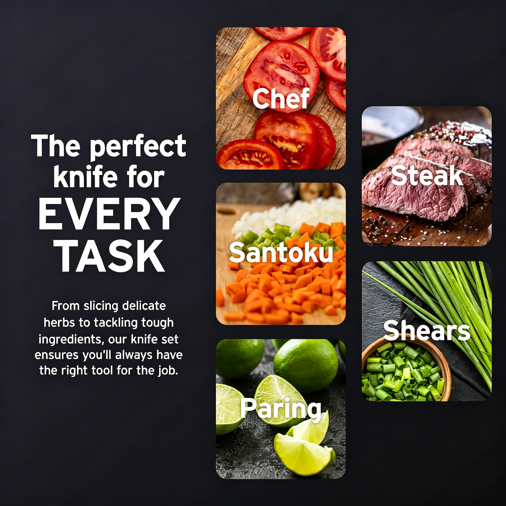 Different kitchen knives for steak veggies fruits and herbs picking the right tool to finish every cooking task perfectly
