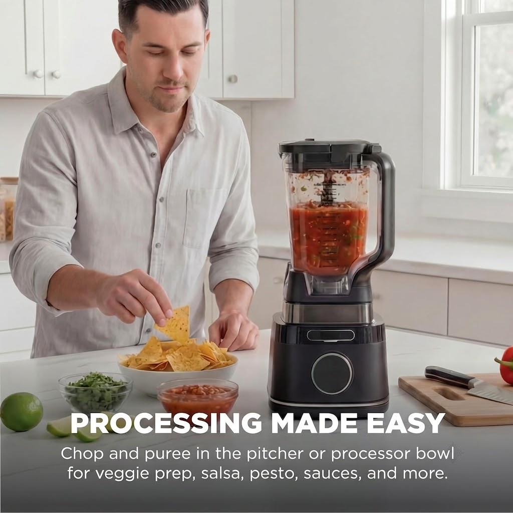 1800W Smart Kitchen System & Blender Combo, 72 oz XL Pitcher & 8-Cup Food Processor with Auto-Sensing Tech for Smoothies, Dough & Salsa
