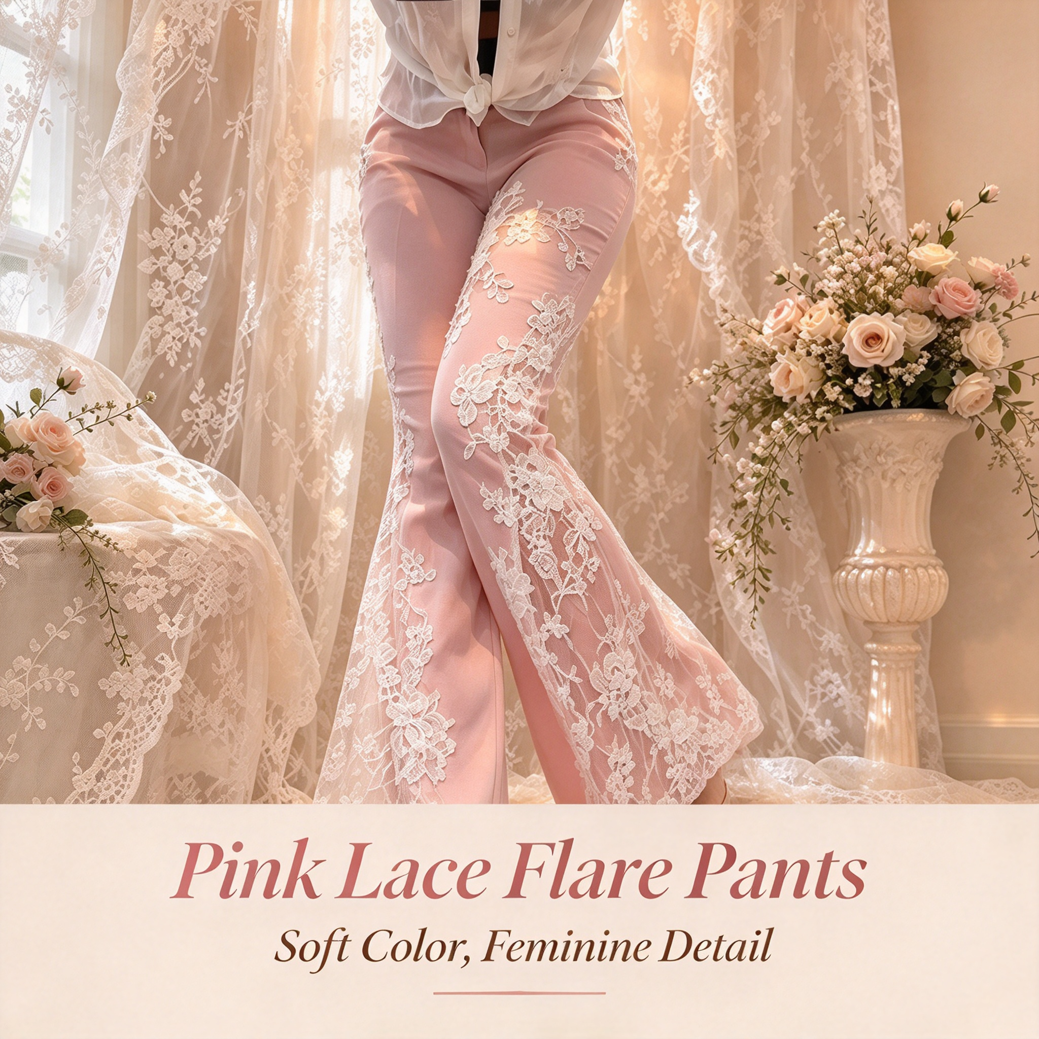 Pink flare trousers with soft pink fabric and white floral lace appliques feminine flare design bringing sweet vibe for dates and casual gatherings