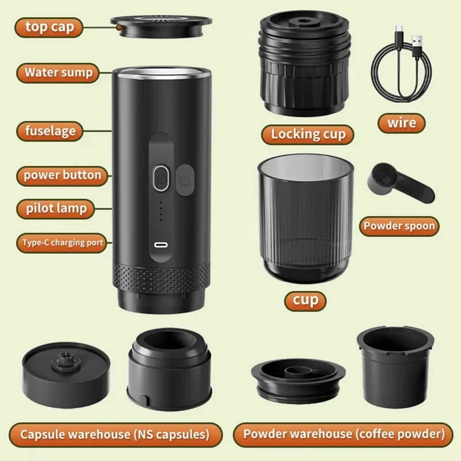 Portable Coffee Maker Espresso Machine, Travel Coffee Maker Self-Heating with USB-C Small Tea Cup, Compatible with Ground Coffee & NS Capsule for RV,Car, Hiking, Camping Office