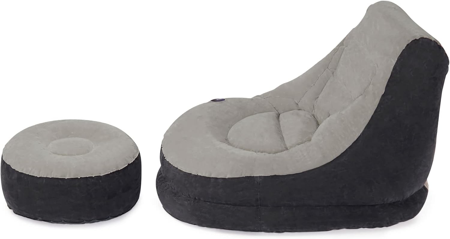 Ultra Lounge Inflatable Chair: Built-in Cupholder – Ottoman Foot Rest – 2-in-1 Valve – Flocked Construction – 220lb Weight Capacity