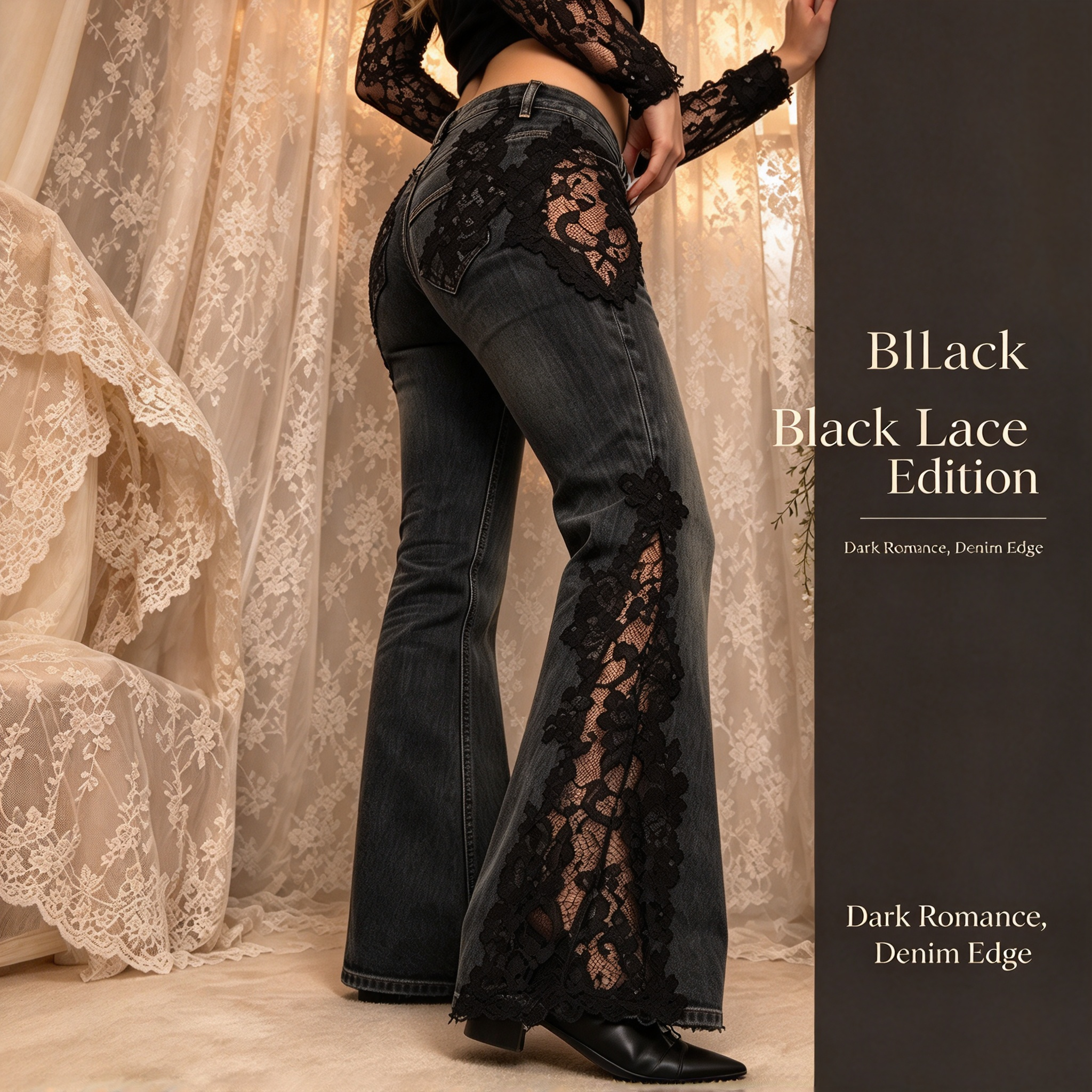 Black lace edition flare jeans with dark denim and delicate black lace cutouts creating gothic romantic style for bold evening occasions