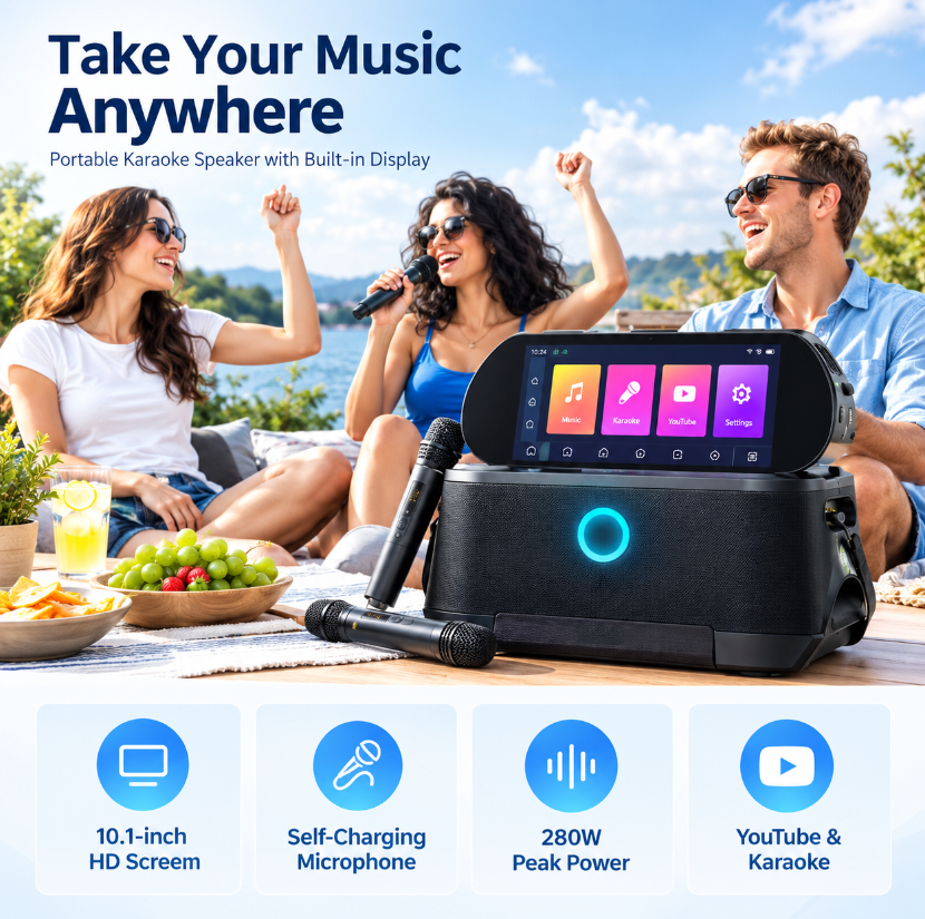 Portable karaoke speaker with 10.1 inch HD screen 280W peak power enjoy singing anytime outdoors with self-charging mics