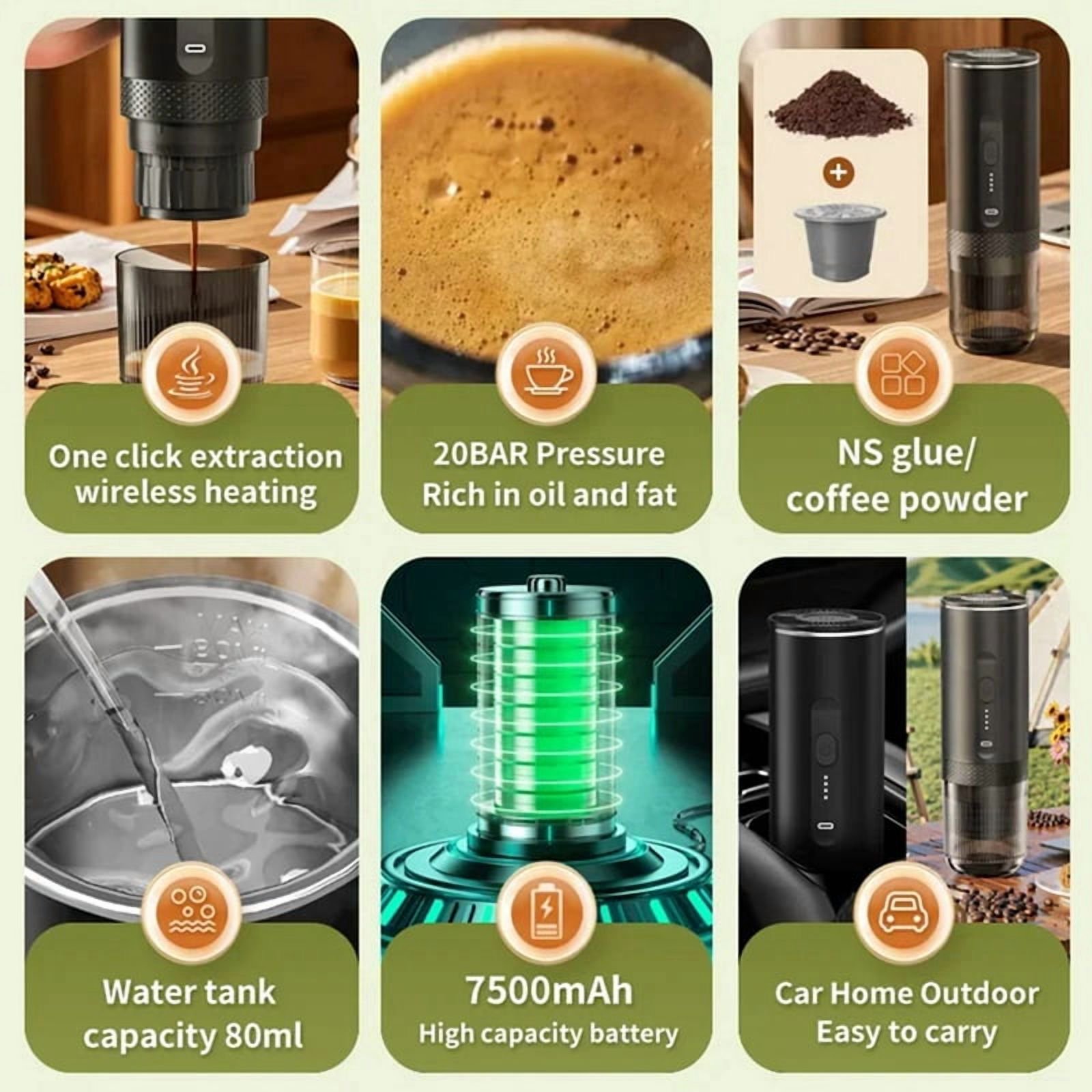 Portable Coffee Maker Espresso Machine, Travel Coffee Maker Self-Heating with USB-C Small Tea Cup, Compatible with Ground Coffee & NS Capsule for RV,Car, Hiking, Camping Office