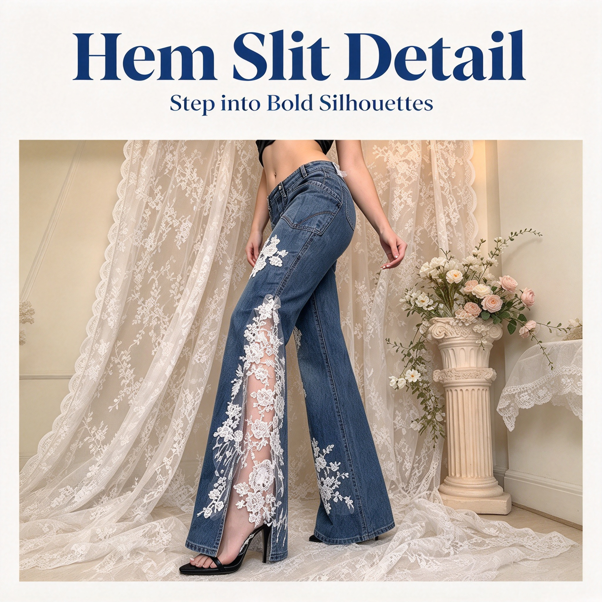 Hem slit detail on lace flare jeans with stylish side hem slit decorated with floral lace boosting mobility and delivering a stunning charming look