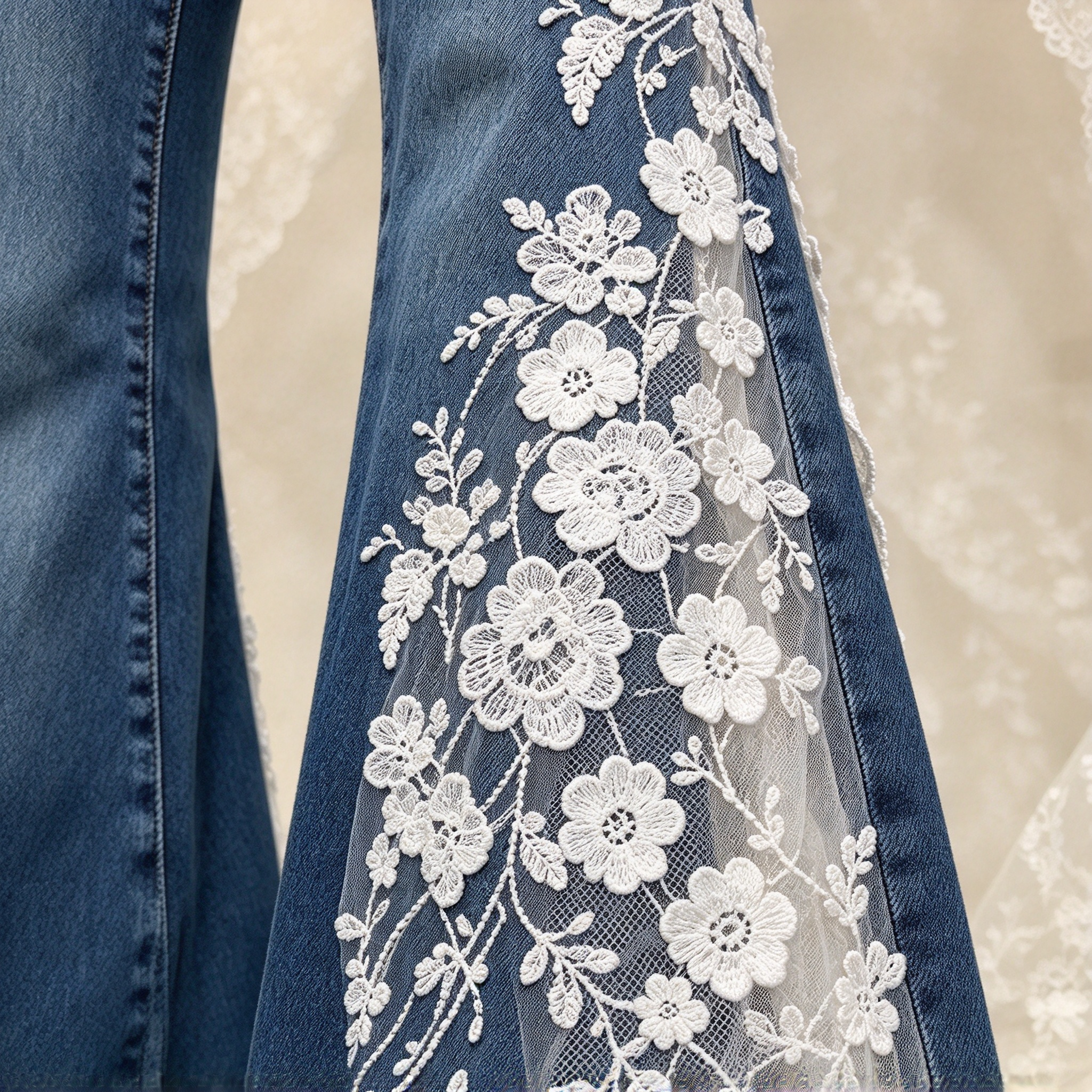 Customizing pre-loved vintage denim by hand with lace 🤍