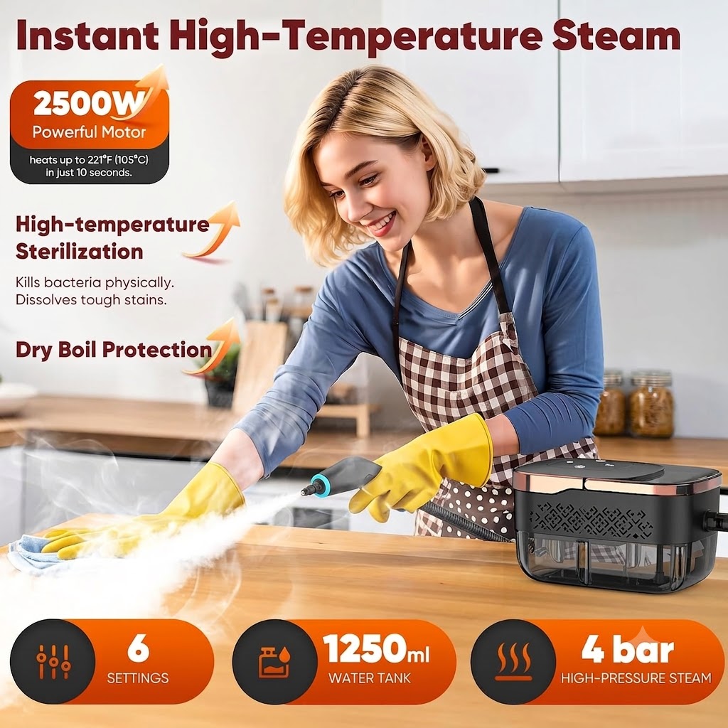 2500W High-Pressure Handheld Steam Cleaner with 1250ml Water Tank & 10-Piece Accessory Kit, 6 Steam Settings for Kitchen, Bathroom, Car, Furniture & Windows