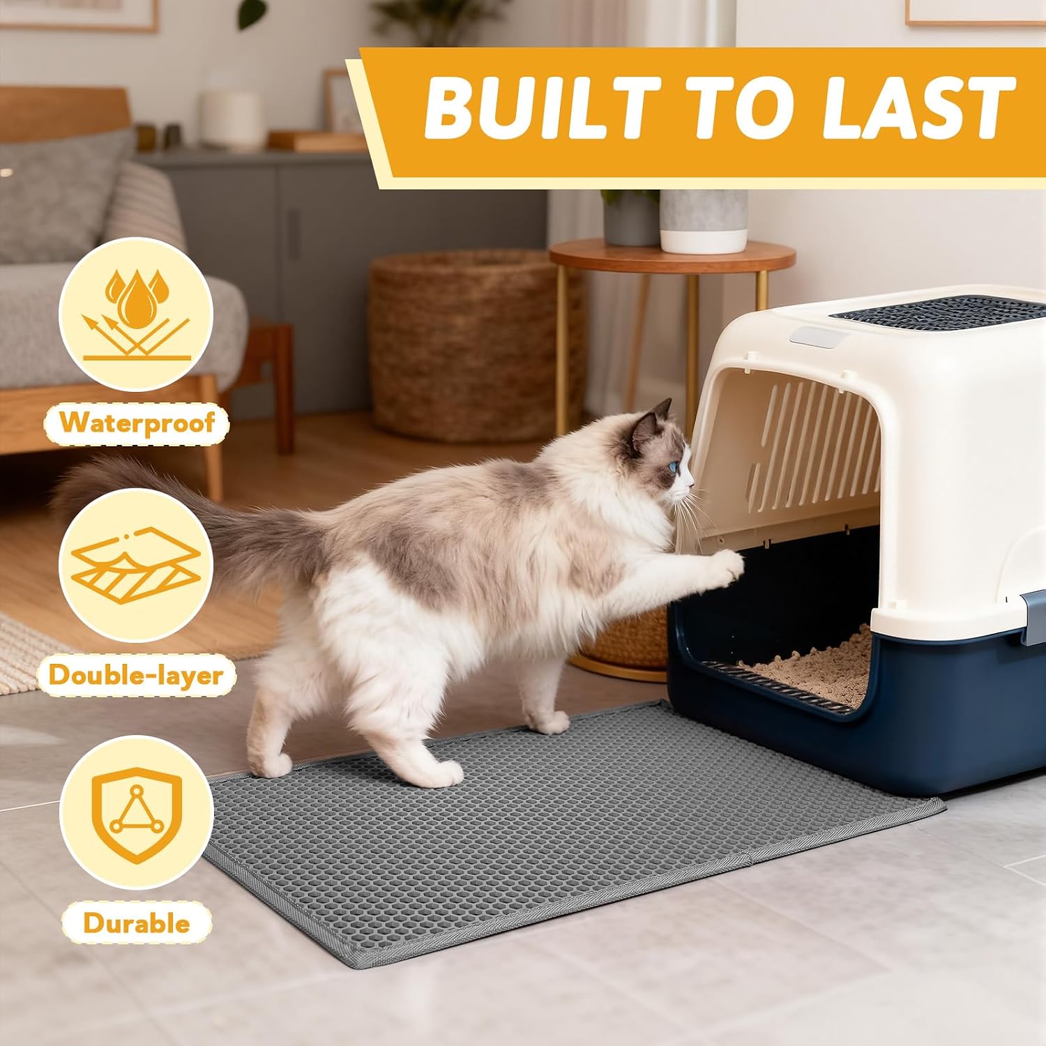 2-in-1 Cat Litter Mat & Odor-Sealing Waste Bag Set, Double-Layer Waterproof Anti-Tracking Mat with 6 Rolls of Heavy-Duty Disposal Bags