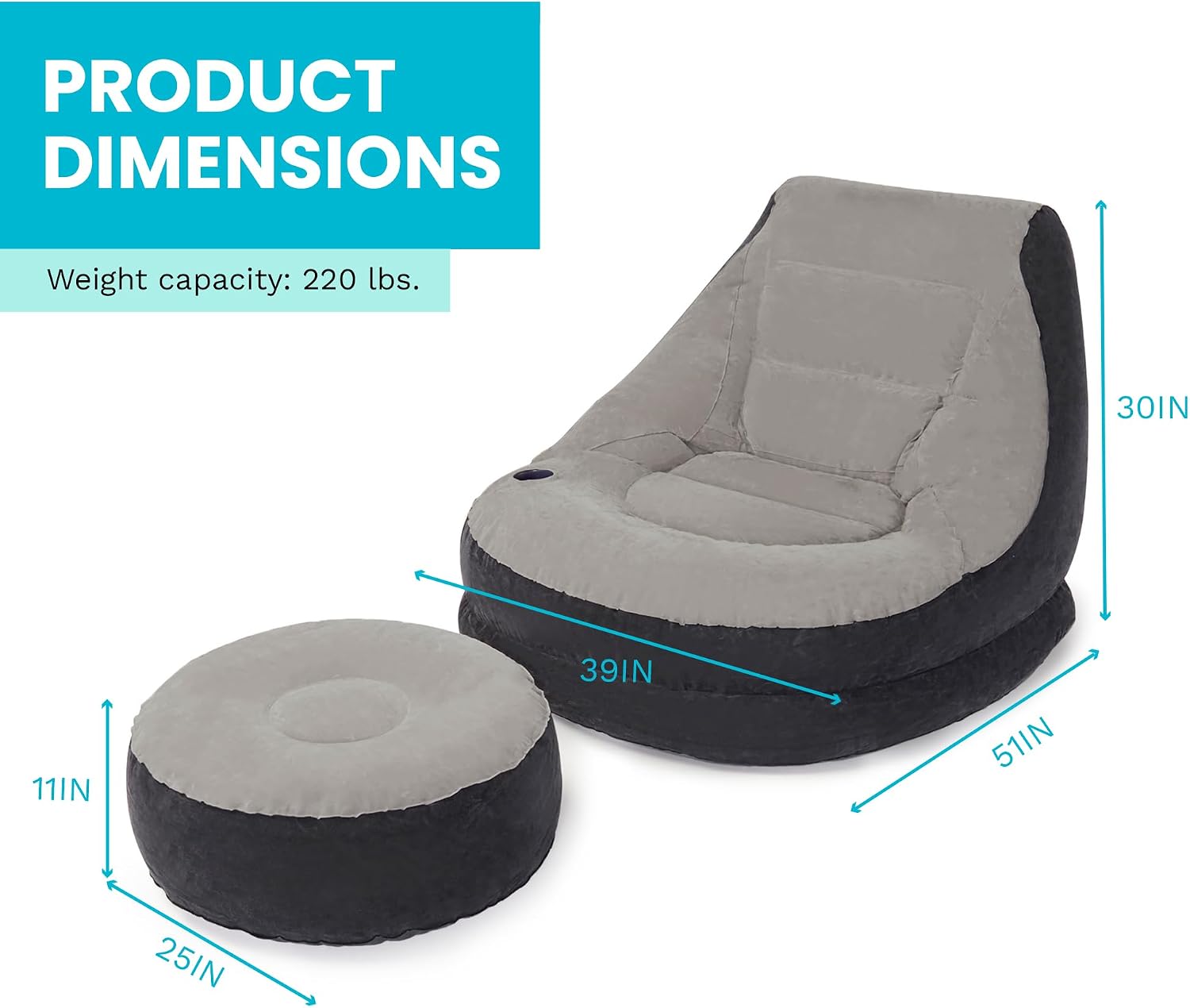 Ultra Lounge Inflatable Chair: Built-in Cupholder – Ottoman Foot Rest – 2-in-1 Valve – Flocked Construction – 220lb Weight Capacity