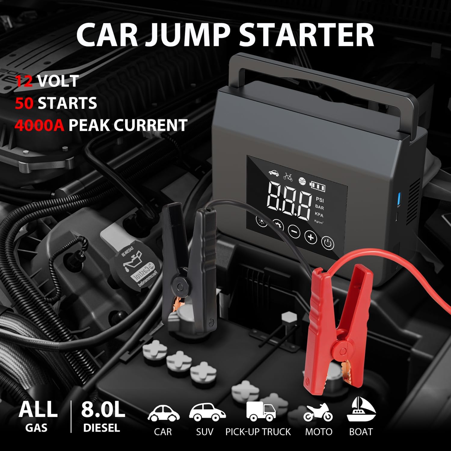 ump Starter with Air Compressor, 4000A Car Battery Jump Starter(ALL Gas/8.0L Diesel)