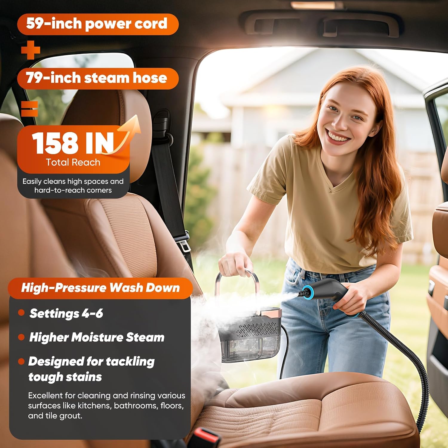 2500W High-Pressure Handheld Steam Cleaner with 1250ml Water Tank & 10-Piece Accessory Kit, 6 Steam Settings for Kitchen, Bathroom, Car, Furniture & Windows