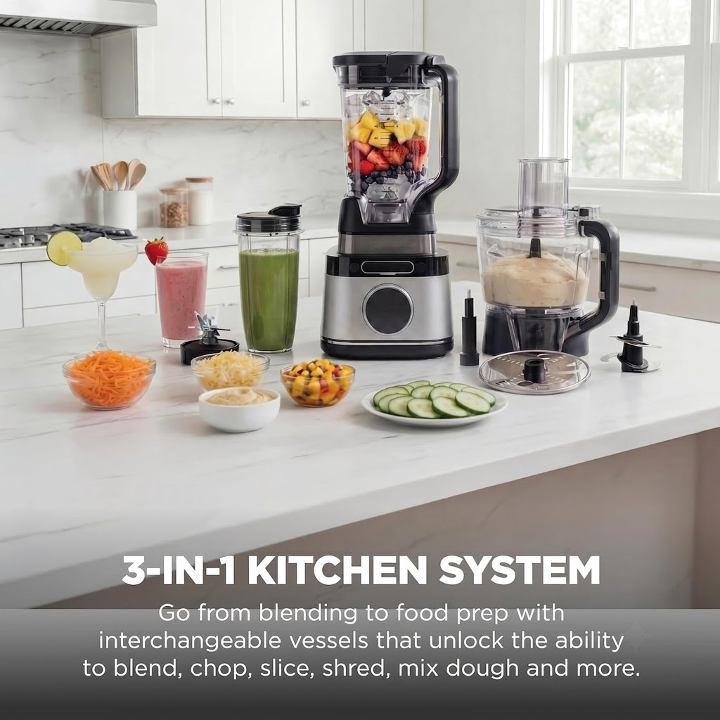 1800W Smart Kitchen System & Blender Combo, 72 oz XL Pitcher & 8-Cup Food Processor with Auto-Sensing Tech for Smoothies, Dough & Salsa