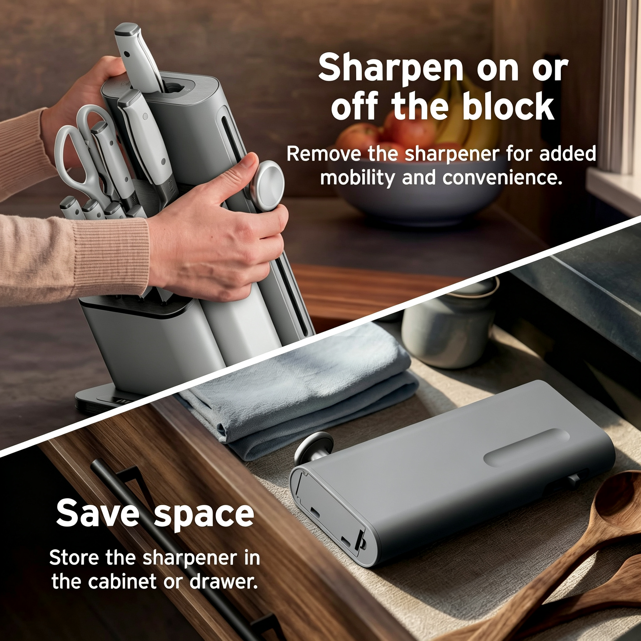Detachable sharpener block on premium knife set that can be removed for flexible use and drawer storage to free countertop space