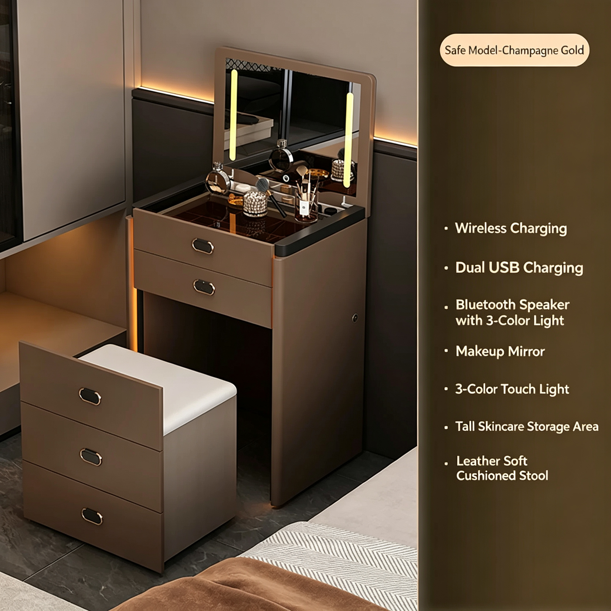 Smart Nightstand with LED Lighting and Safe Box