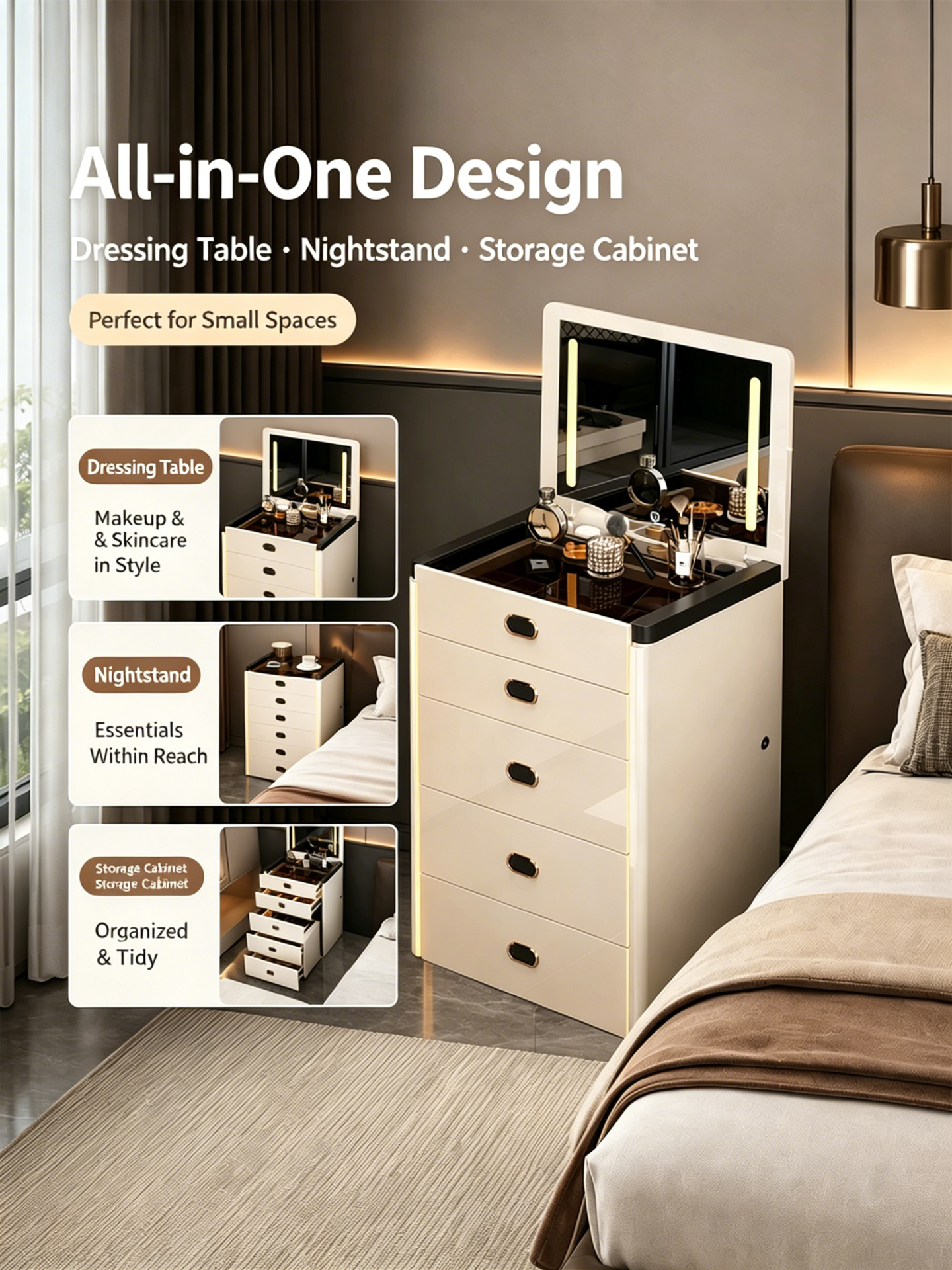 Smart Nightstand with LED Lighting and Safe Box
