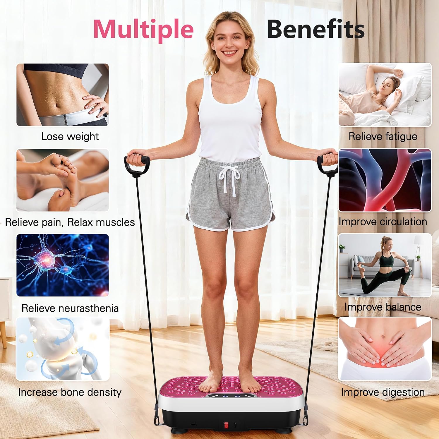 Vibration Plate Exercise Machine with Resistance Bands, Whole Body Shaker Platform for Weight Loss & Home Fitness