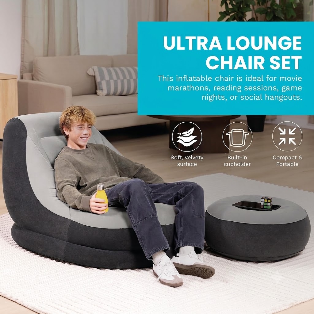 Ultra Lounge Inflatable Chair: Built-in Cupholder – Ottoman Foot Rest – 2-in-1 Valve – Flocked Construction – 220lb Weight Capacity