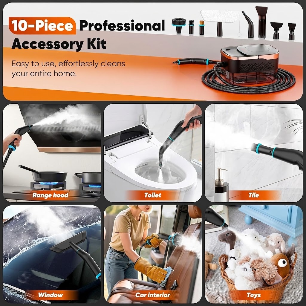 2500W High-Pressure Handheld Steam Cleaner with 1250ml Water Tank & 10-Piece Accessory Kit, 6 Steam Settings for Kitchen, Bathroom, Car, Furniture & Windows