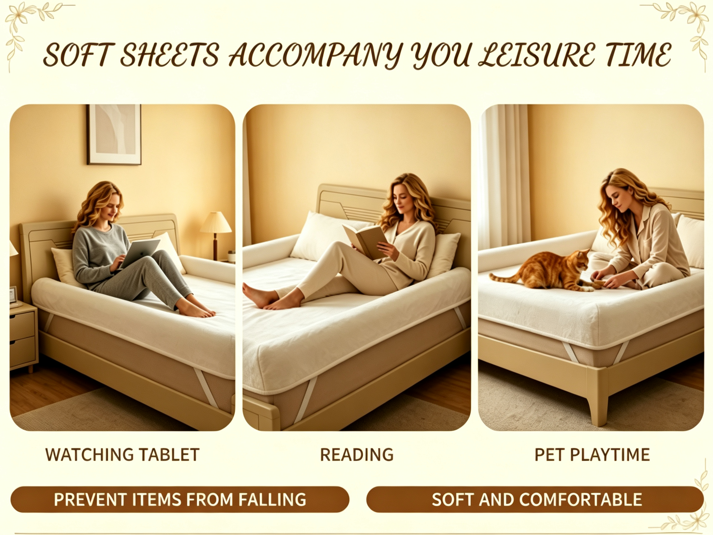 Cozy padded bed sheet with bordered sides for leisure time keeping items secure while reading watching tablet or playing with pet