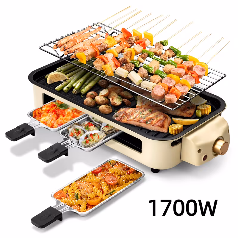 2-in-1 Smokeless Indoor Electric Raclette Grill with 3 Mini Trays & Adjustable Temperature (1700W)